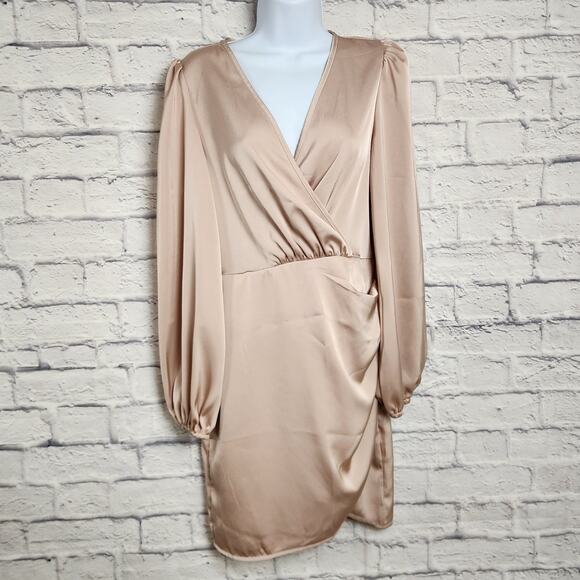 SHEIN Dresses & Skirts - Shein Dress Womens Size Medium Rose Gold Color Satiny Faux Wrap Long Sleeve